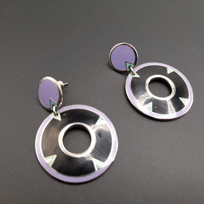 Laurel Burch "Summer Moon" Drop Earrings, Cloisonne Enamel, Rhodium Plate, Rare 1980s Vintage Jewelry