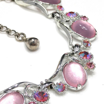 Selro Pink Lucite Necklace & Earrings, Aurora Borealis Pink Rhinestones, 1960s Vintage Jewelry