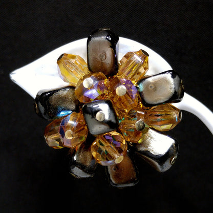 Vendome Beaded Clip Earrings, Brown Iridescent AB Topaz Beads, 1960s Vintage Jewelry