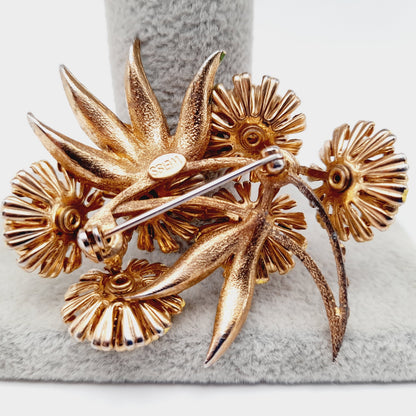 Vintage Weiss Sunflower Brooch Gold Tone Topaz Rhinestones Enamel 1950s