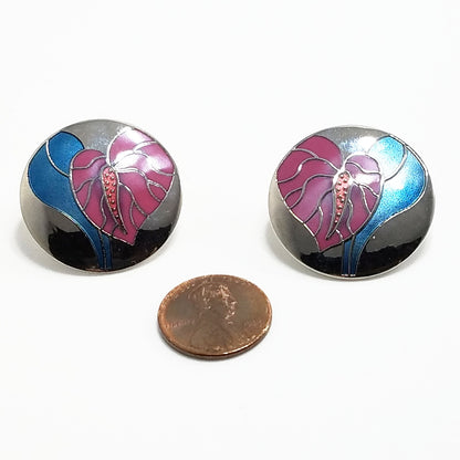 Vintage Laurel Burch "Antherium" Earrings Post Enamel Pink 1980s Vintage Jewelry
