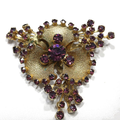 Purple Rhinestone Flower Brooch, Gold Plated, 1950s Vintage Jewelry