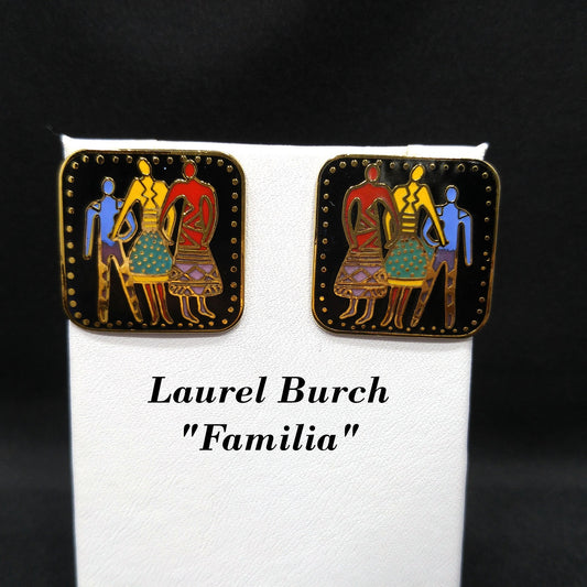 Vintage Laurel Burch "Familia" Post Earrings, Gold Plate Enamel