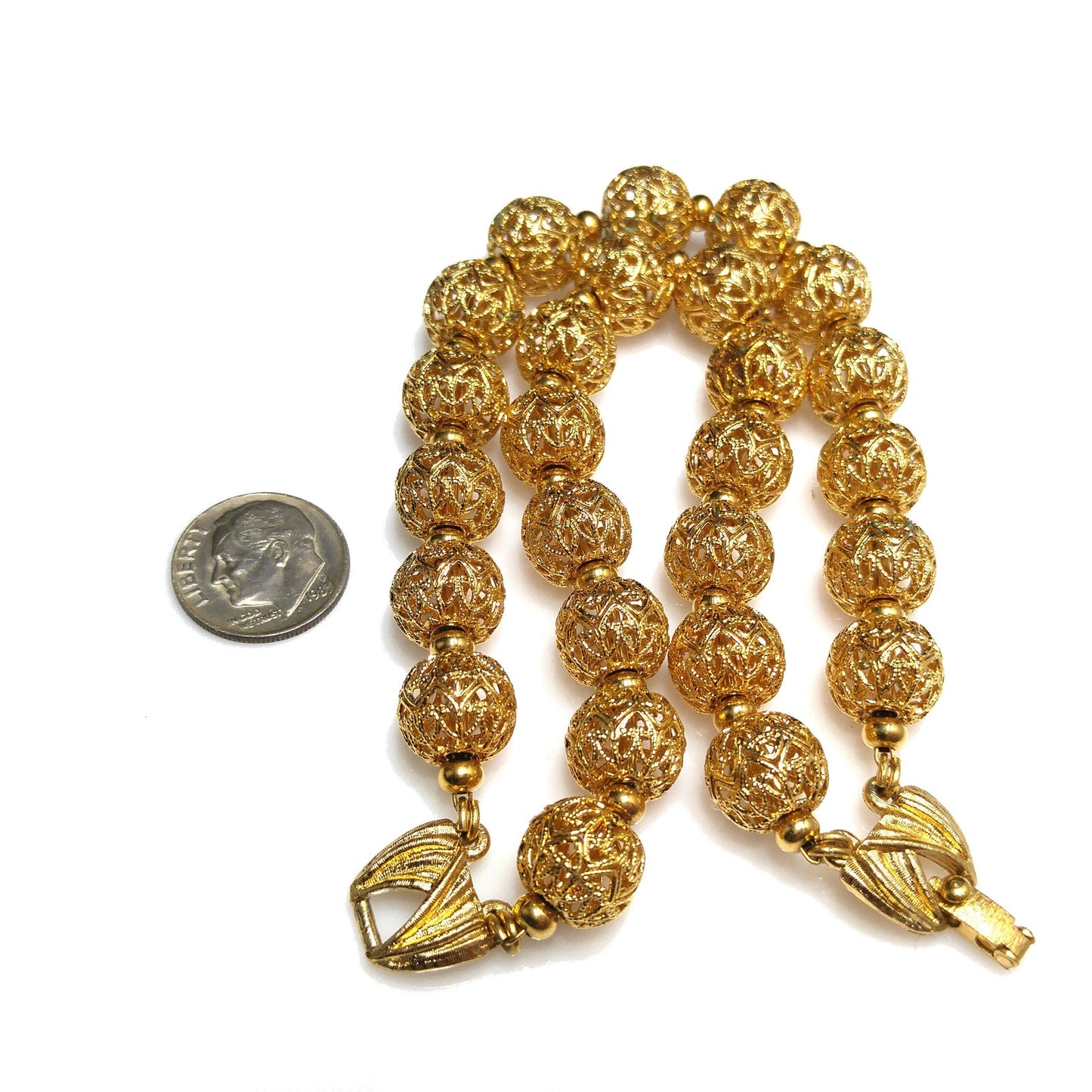 Monet Filigree Beaded Two Strand Bracelet, Gold Plated, Strung on Chain, 1960s Vintage Jewelry