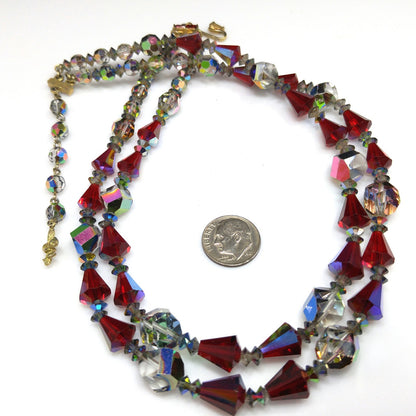Vendome Red Crystal Two Strand Necklace, Aurora Borealis, 1960s Vintage Jewelry