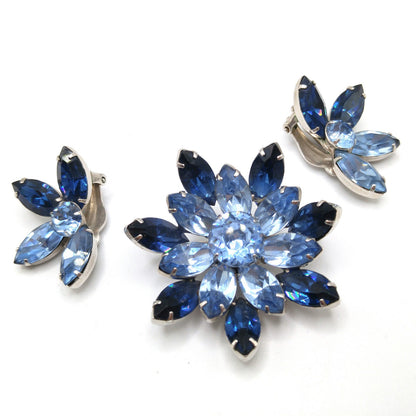 Kramer Blue Rhinestone Brooch Earrings Set, Light Dark Blue, Rhodium Plated, 1960s Vintage Jewelry