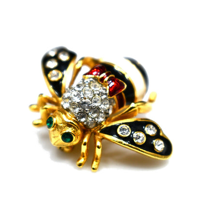Vintage Joan Rivers Bee Brooch, Gold Plated, Enamel Red White Black, 1990s