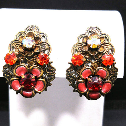 Germany Red Orange Filigree Clip Earrings, Enamel Flowers, 1940s Vintage Jewelry