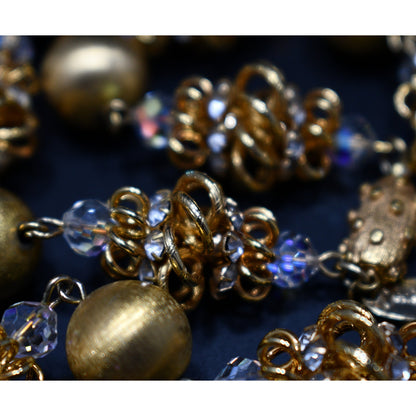 Vendome 1950s Gold Satin & Crystal Cage Bead Necklace | Aurora Borealis & Rhinestone Statement Strand | Vintage Designer Jewelry