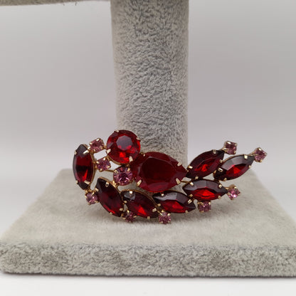 Vintage Red Pink Rhinestones Floral Spray Gold Plated Brooch Pin, 2 1/2 Inches