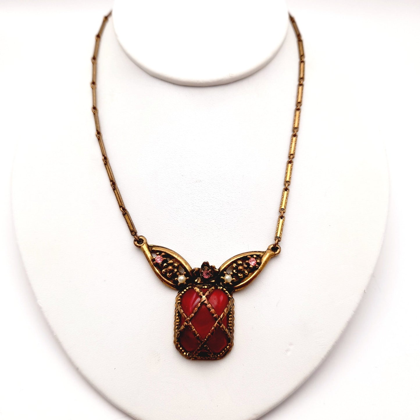 Vintage 1920s Red Thermoset Rhinestone Pendant Necklace, Art Deco, Pot Metal