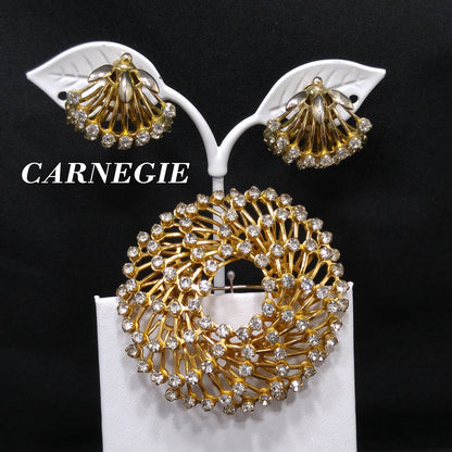 Vintage Hattie Carnegie Rhinestone Brooch & Earrings, Gold Plated, 1950s
