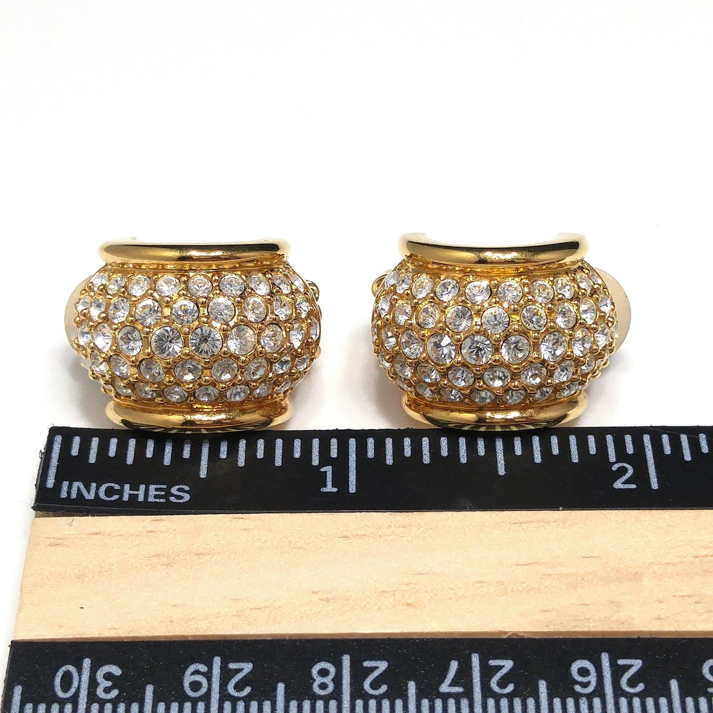 Swarovski Clear Pave Wide Hoop Earrings, Gold Plated Clips, 1990s Vintage Jewelry