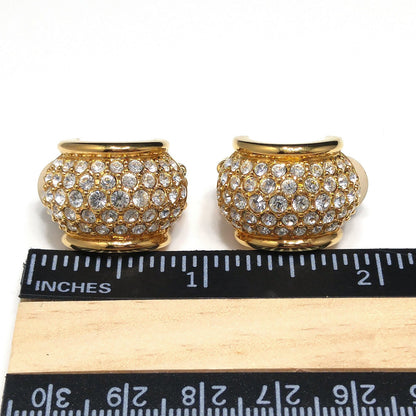 Swarovski Clear Pave Wide Hoop Earrings, Gold Plated Clips, 1990s Vintage Jewelry