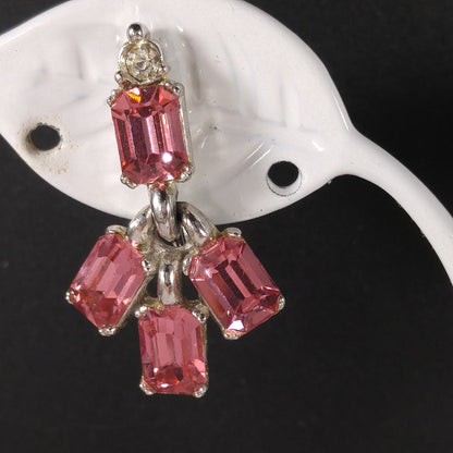 Bogoff Pink Rhinestone Screw Back Earrings, Rhodium Plated, 1950s Vintage Jewelry