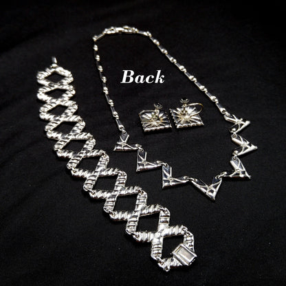 Bogoff Rhinestone Jewelry Set, Rhodium Plated Necklace Bracelet Screw Back Earrings, 1950s