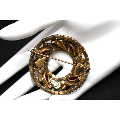 Weiss 1950s Red Rhinestone Wreath Brooch – Domed Gold Tone Holiday Statement