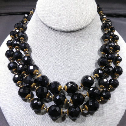 Miriam Haskell Black Beaded Necklace, Three Strands, 1960s Vintage Jewelry