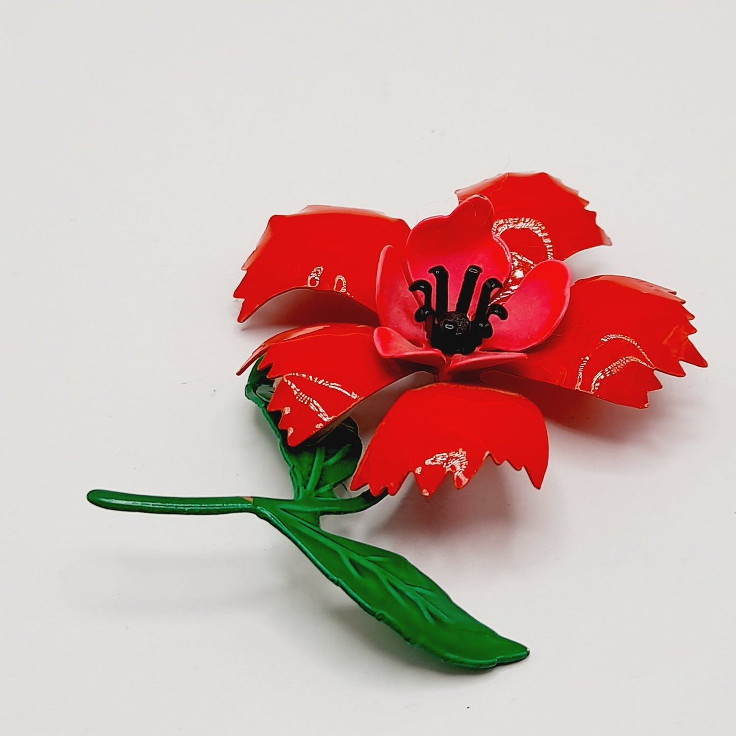 Vintage 1960s Red Green Enamel Flower Brooch