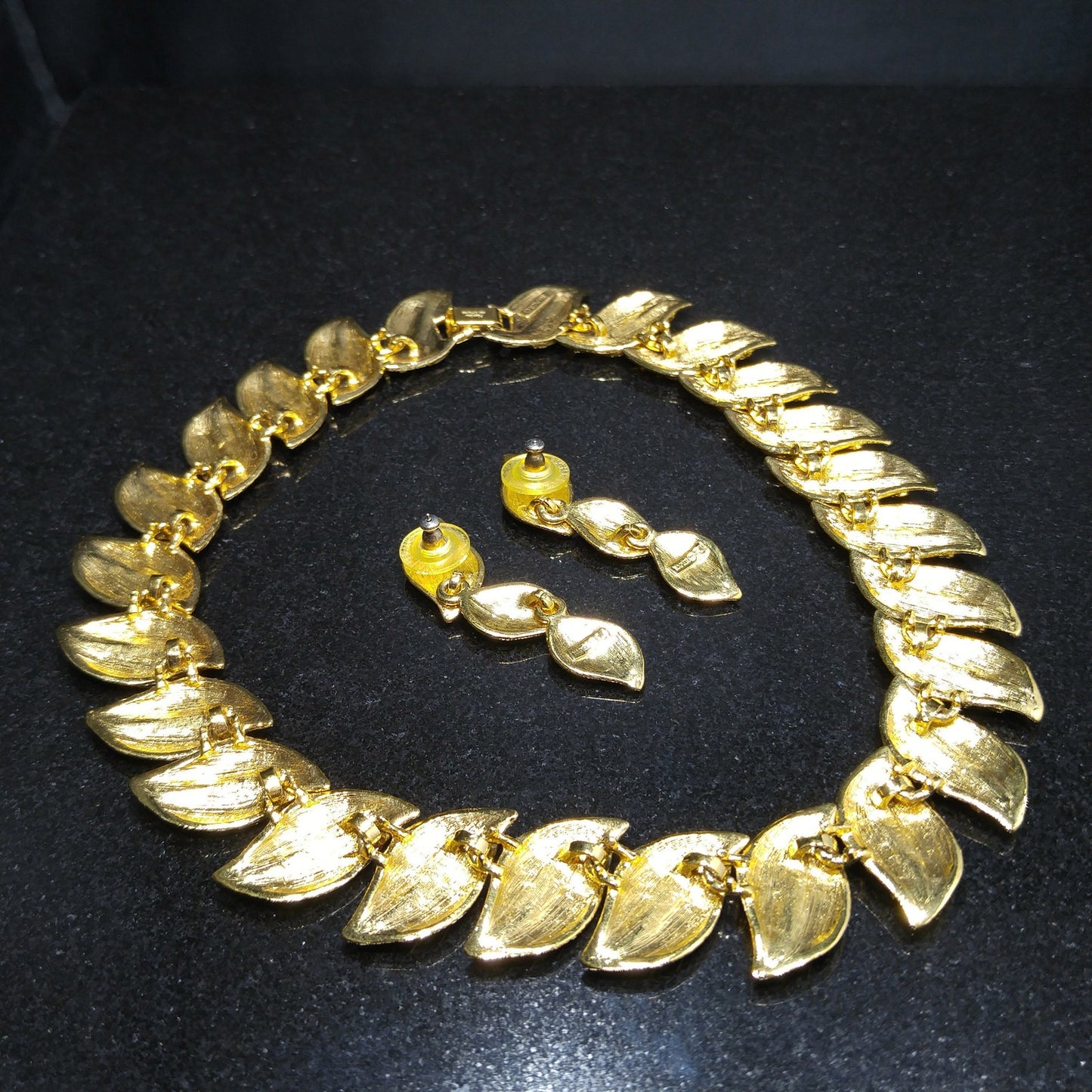 Napier Leaf Necklace and Drop Earrings, Post Earrings, Gold Plated, 1980s