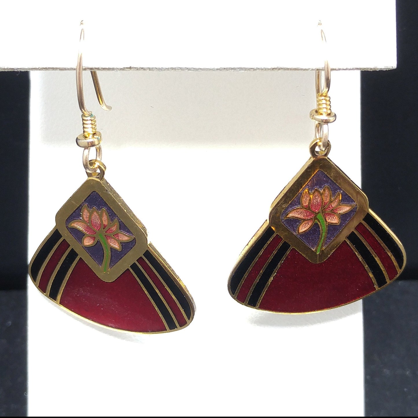 Vintage Laurel Burch "Water Lily" Earrings, Gold Plated, Red Enamel