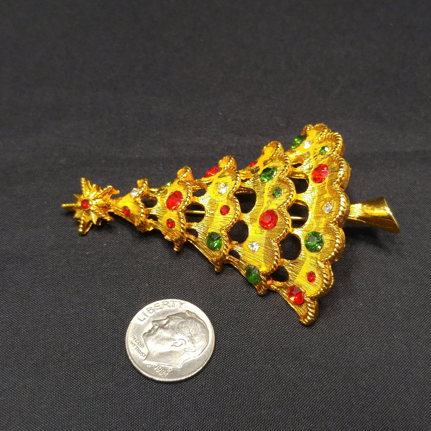 Mylu Christmas Tree Brooch, Red Green Rhinestones, Gold Tone, 1960s Vintage