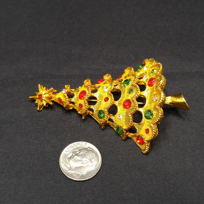 Mylu Christmas Tree Brooch, Red Green Rhinestones, Gold Tone, 1960s Vintage