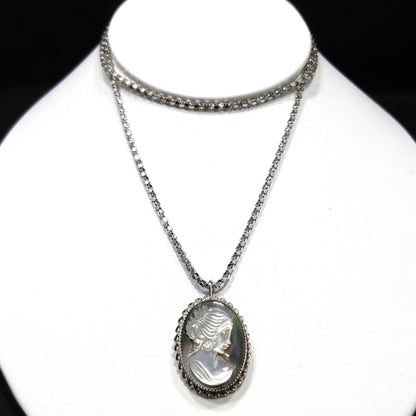 Abalone Shell Cameo Pendant Brooch, 925 Silver Necklace, 1970s Vintage Jewelry
