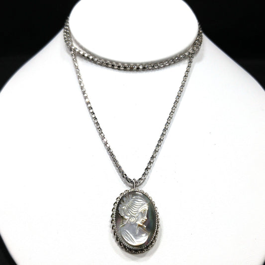 Abalone Shell Cameo Pendant Brooch, 925 Silver Necklace, 1970s Vintage Jewelry