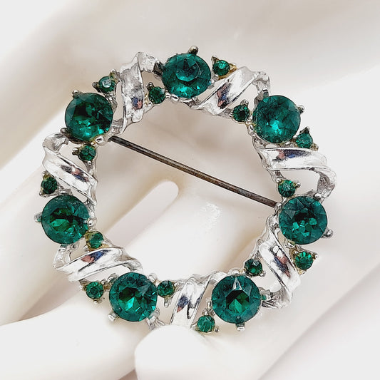 Vintage Emerald Green Wreath Brooch, Rhodium Plated 1.5 Inch Holiday Pin