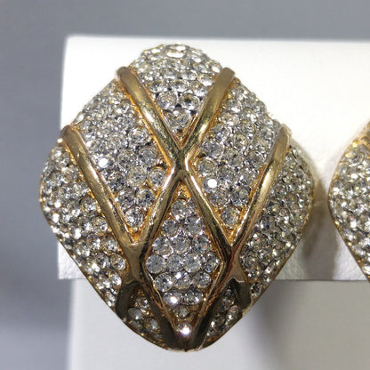 Vintage CINER Pave Rhinestone Clip Earrings, Gold Plated