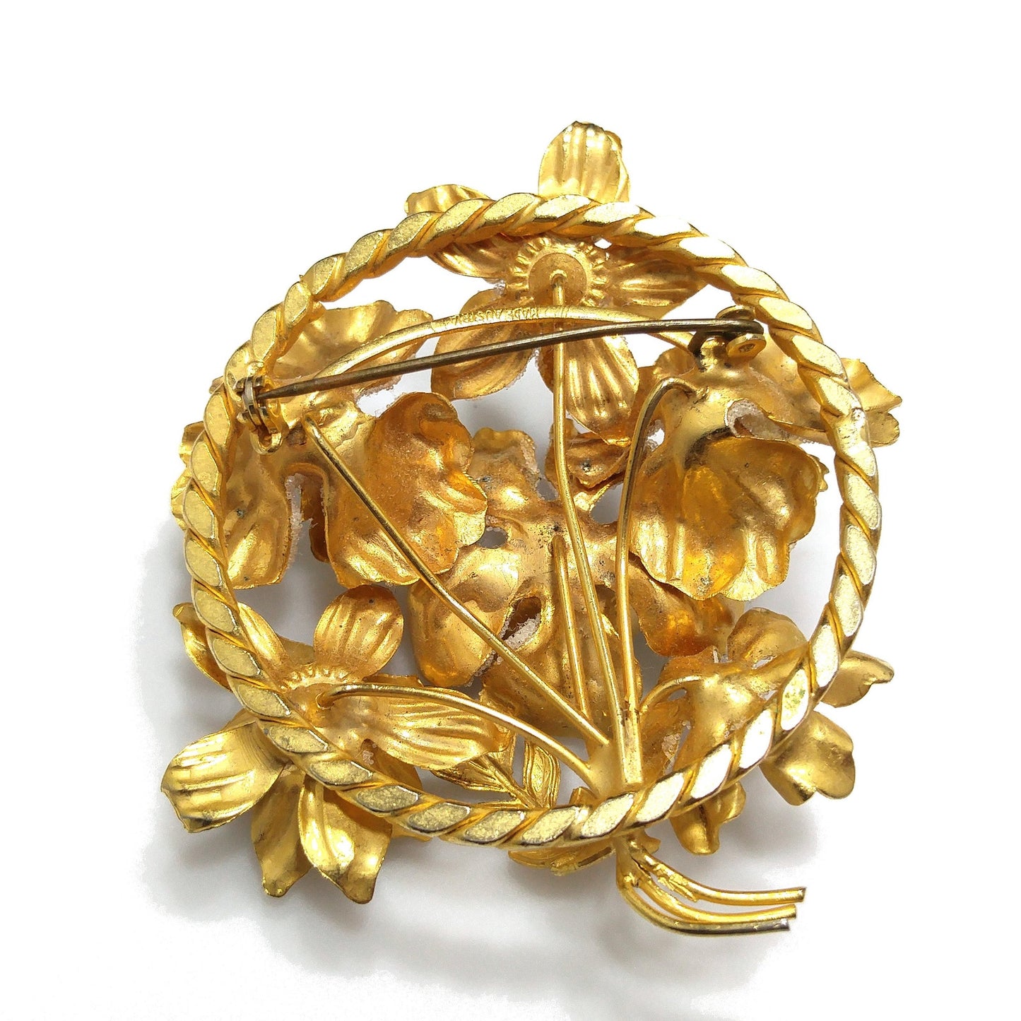 Austria Floral Brooch, Aurora Borealis Rhinestones, Gold Plated Flowers, 1960s Vintage Jewelry
