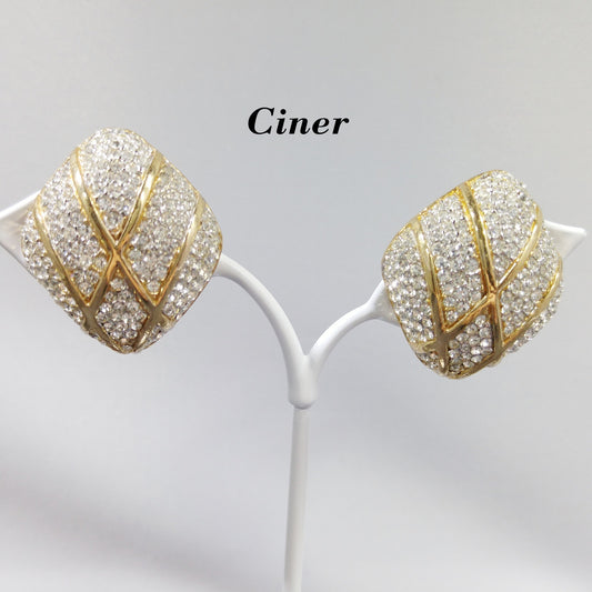 Vintage CINER Pave Rhinestone Clip Earrings, Gold Plated