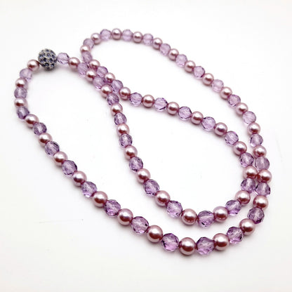 Vintage Joan Rivers Lavender Glass Pearls Crystal Beaded Necklace, Rhinestone Screw Clasp