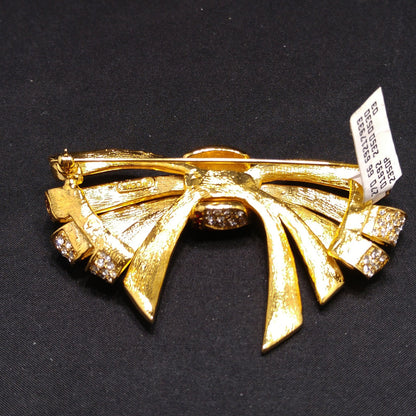 Ciner Red and Clear Rhinestone Bow Brooch – Vintage Gold Plated Large Statement Pin