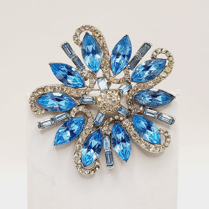 Vintage Rhodium Plated Blue Clear Rhinestone Floral Brooch – 2 1/4 Inches