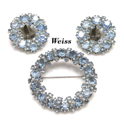 Vintage Weiss Wreath Rhinestone Brooch & Earrings, Light Blue Rhodium Plated