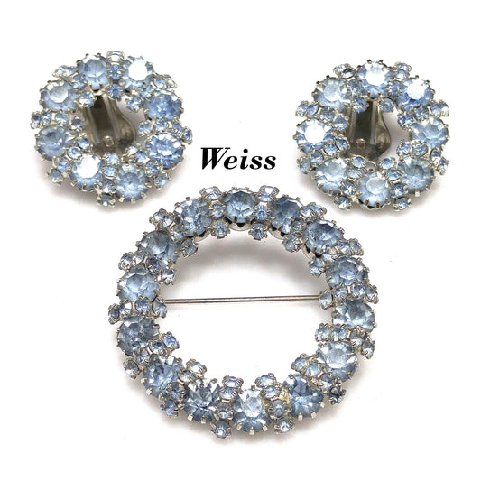 Vintage Weiss Wreath Rhinestone Brooch & Earrings, Light Blue Rhodium Plated