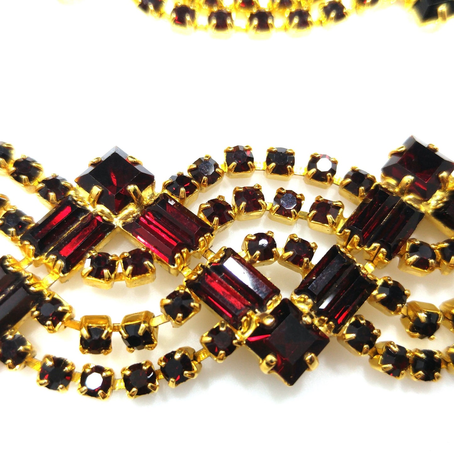 Czech Republic Garnet Red Rhinestone Necklace Bracelet Earrings, Gold Plated, 1990s Vintage Jewelry