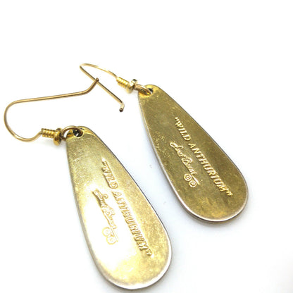 Laurel Burch "Wild Anthurium" Pink Dangle Earrings, Gold Plated, Cloisonné Enamel, 1980s Vintage Jewelry
