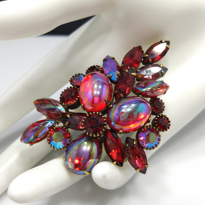 Kramer Red Iridescent Rhinestone Brooch, Aurora Borealis Rhinestones, 1960s Vintage Jewelry
