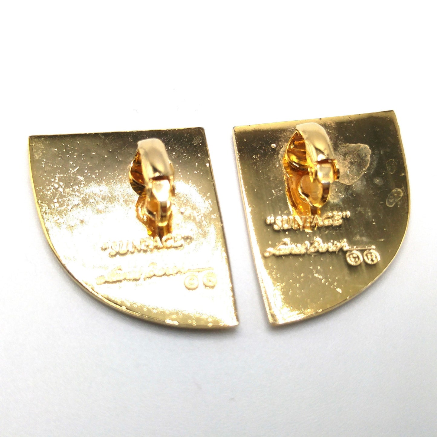 Laurel Burch "Sunface" Clip Earrings, Gold Plated Cloisonne Enamel, 1980s Vintage Jewelry