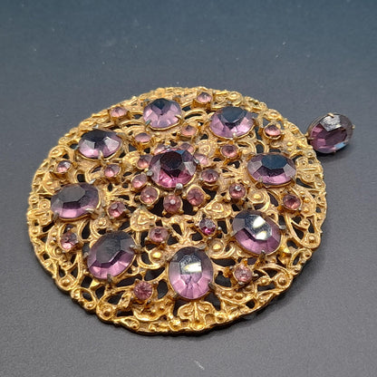Vintage 1930s Purple Glass Brooch Pendant, Pot Metal, 3 1/2 Inches
