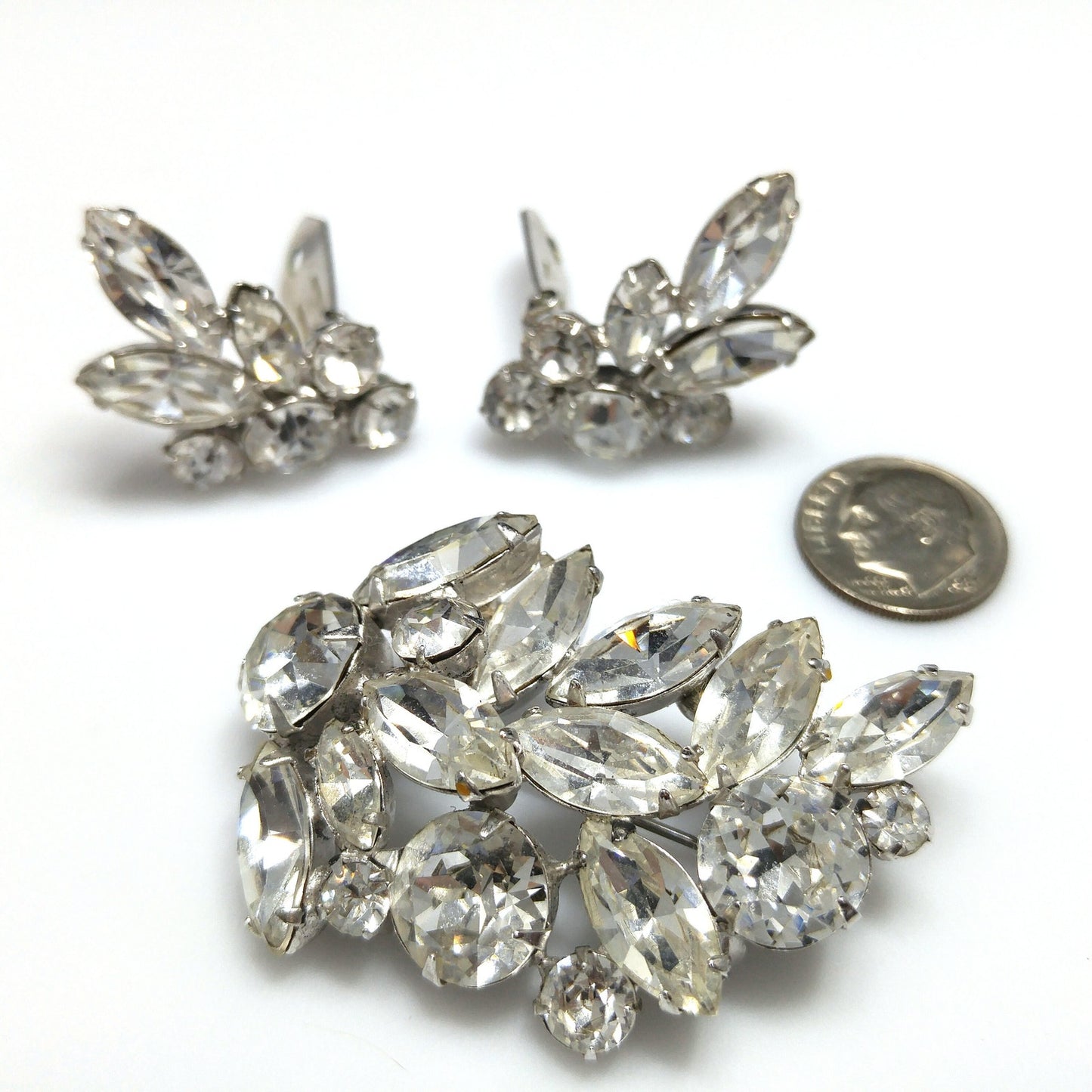 Regency Clear Rhinestone Brooch & Earrings, Rhodium Plated, 1950s Vintage Jewelry