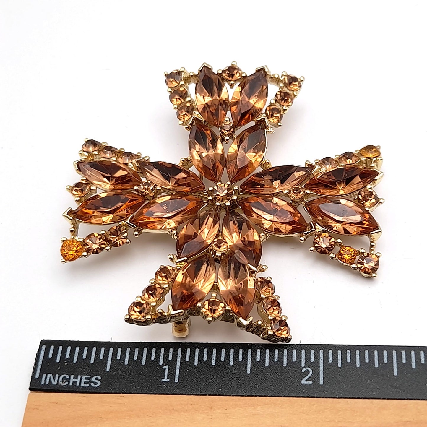 Vintage WEISS Maltese Cross Topaz Rhinestone Brooch