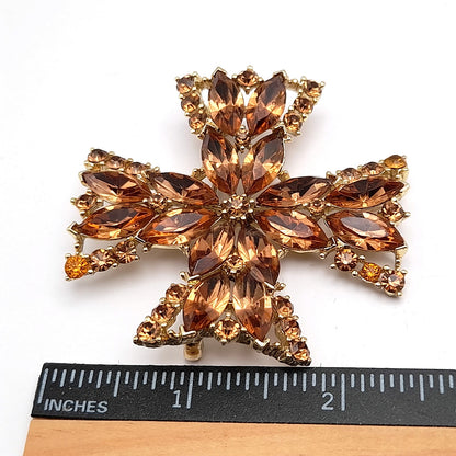 Vintage WEISS Maltese Cross Topaz Rhinestone Brooch