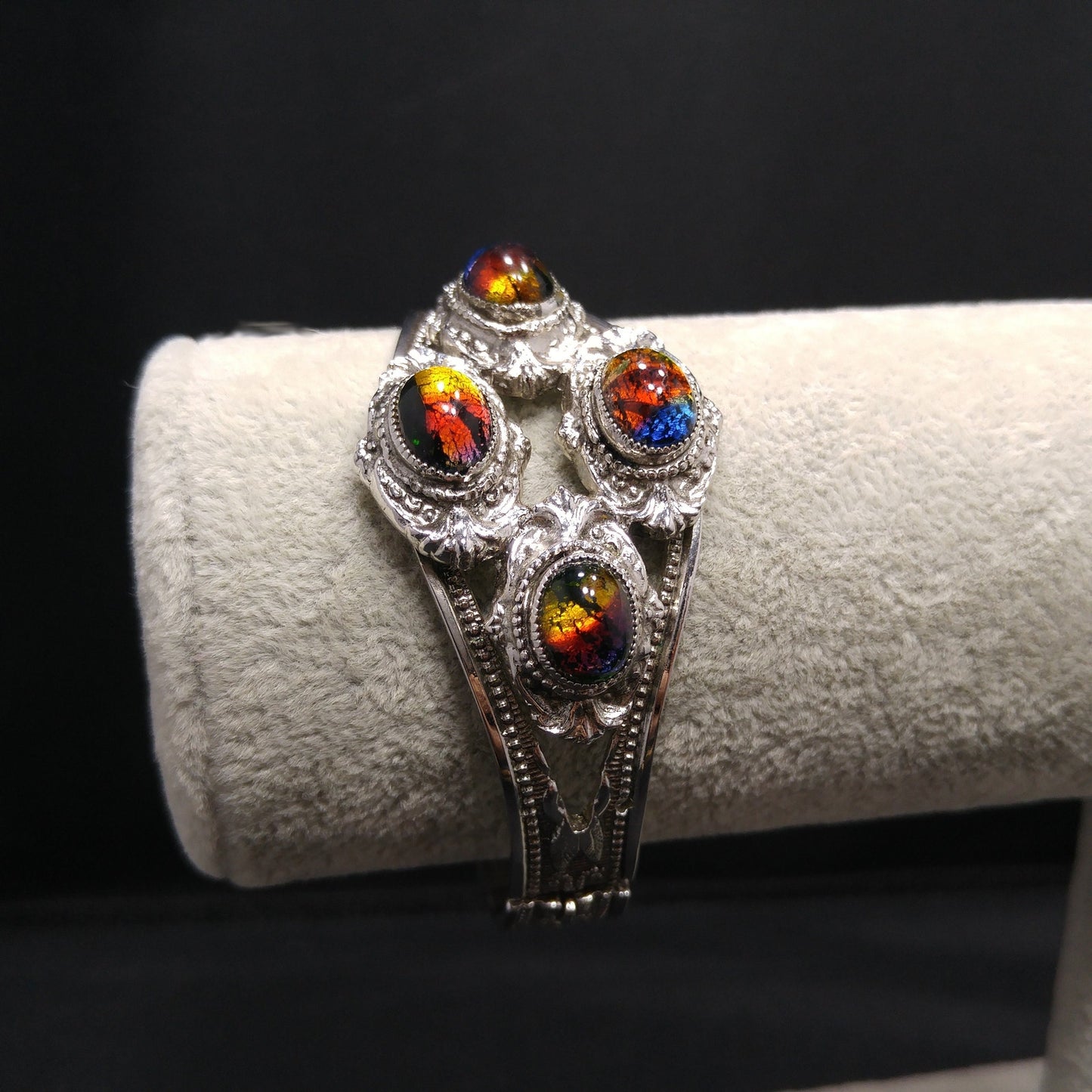 Whiting & Davis Cuff Bracelet, Gold Foil Rainbow Cabochons, Rhodium Plated, 1970s Vintage Jewelry