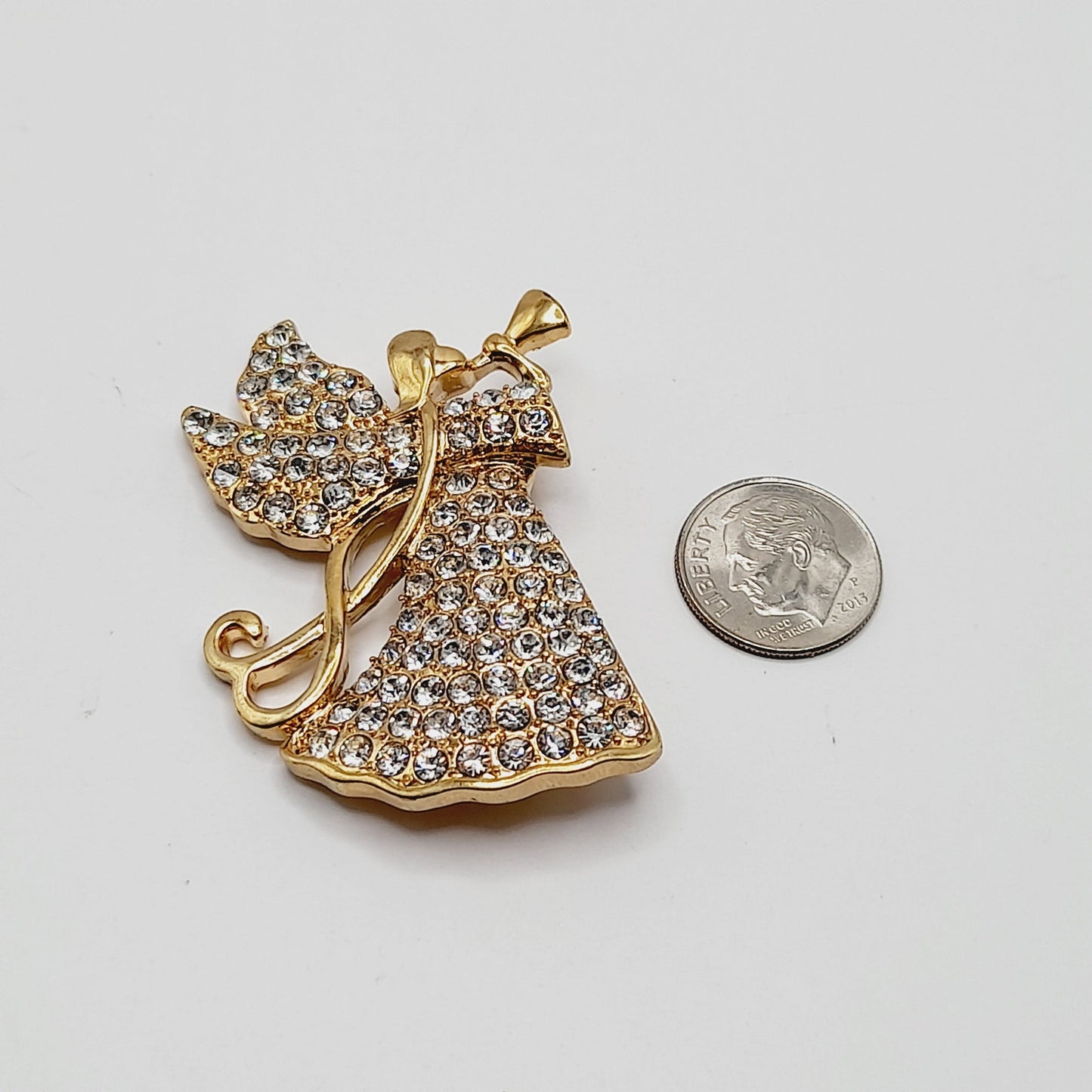Vintage MONET Rhinestone Angel Brooch Gold Tone Holiday Pin 2 Inch