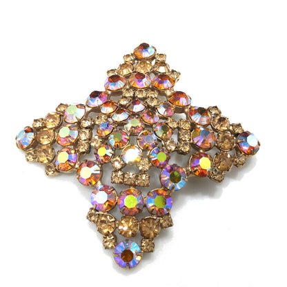 Topaz Glass Rhinestone Large Brooch, Aurora Borealis, 1960s Vintage Jewelry