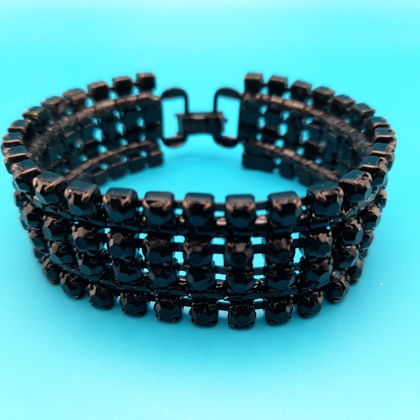 Vintage Weiss Black Rhinestone Bracelet, Japanned Finish, 1960s Jewelry